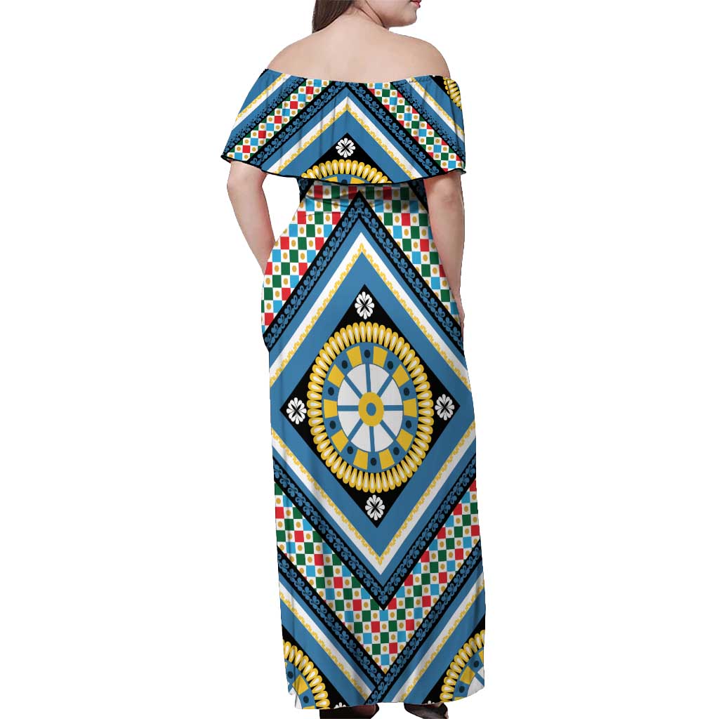 Sicily Italy Carretto Siciliano Off Shoulder Maxi Dress Azure Sicilian Cart Wheel Pattern