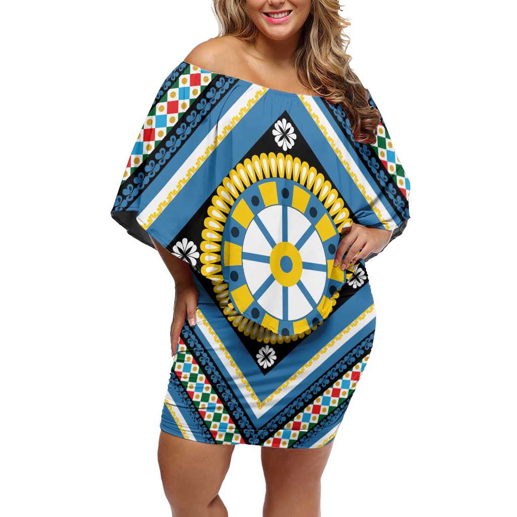 Sicily Italy Carretto Siciliano Off Shoulder Short Dress Azure Sicilian Cart Wheel Pattern