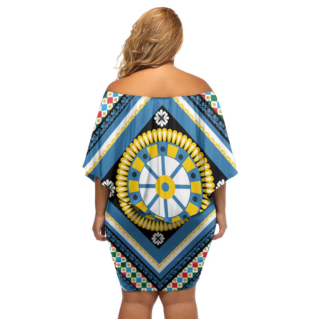 Sicily Italy Carretto Siciliano Off Shoulder Short Dress Azure Sicilian Cart Wheel Pattern