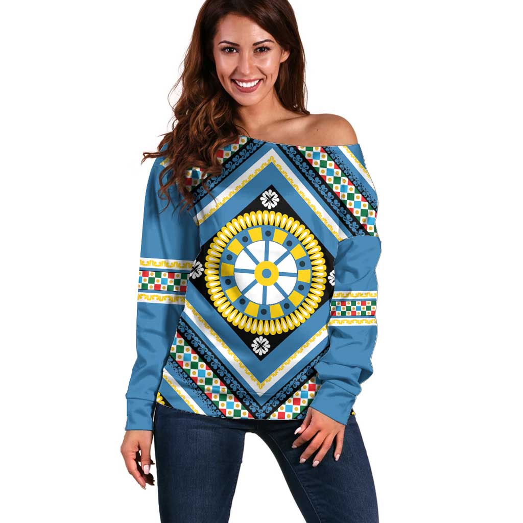 Sicily Italy Carretto Siciliano Off Shoulder Sweater Azure Sicilian Cart Wheel Pattern