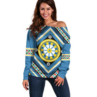 Sicily Italy Carretto Siciliano Off Shoulder Sweater Azure Sicilian Cart Wheel Pattern