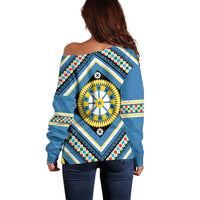 Sicily Italy Carretto Siciliano Off Shoulder Sweater Azure Sicilian Cart Wheel Pattern