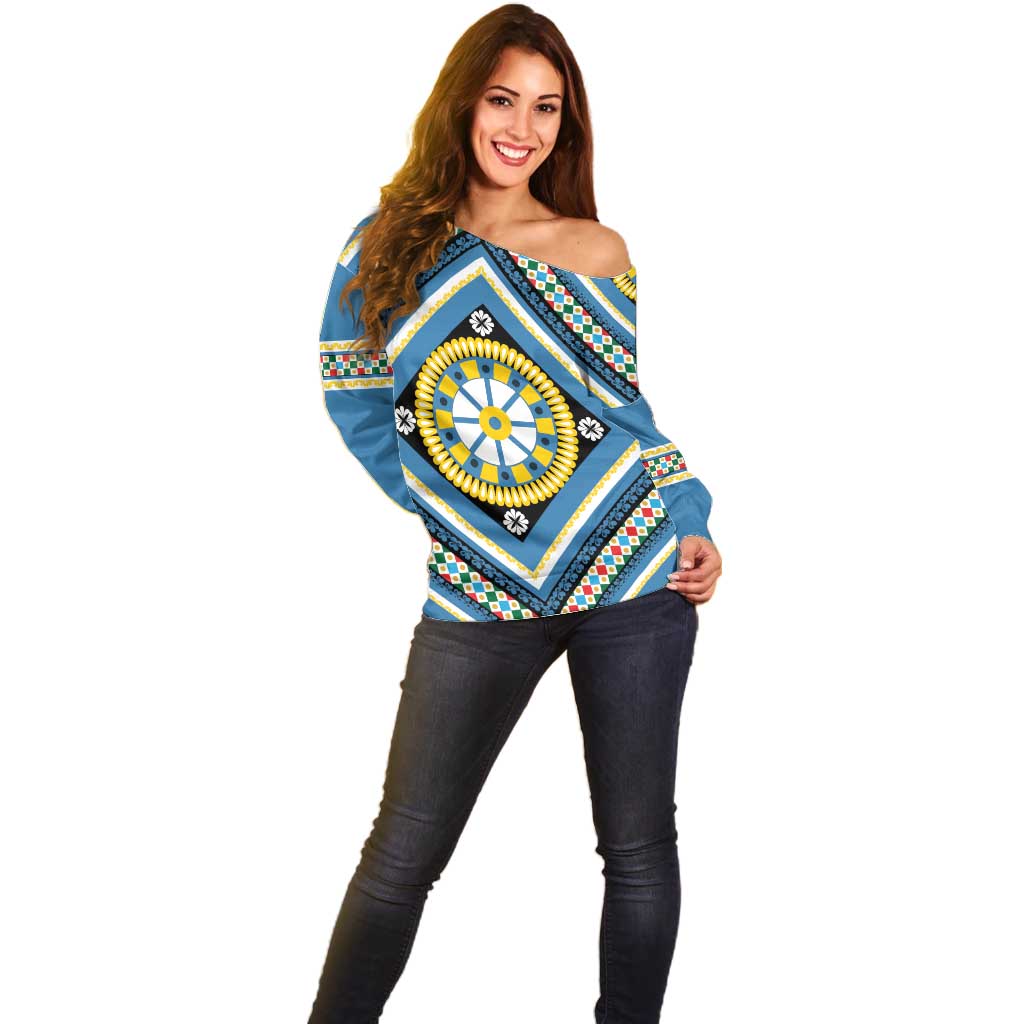 Sicily Italy Carretto Siciliano Off Shoulder Sweater Azure Sicilian Cart Wheel Pattern
