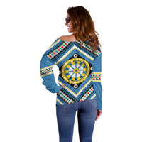 Sicily Italy Carretto Siciliano Off Shoulder Sweater Azure Sicilian Cart Wheel Pattern