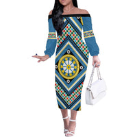 Sicily Italy Carretto Siciliano Off The Shoulder Long Sleeve Dress Azure Sicilian Cart Wheel Pattern