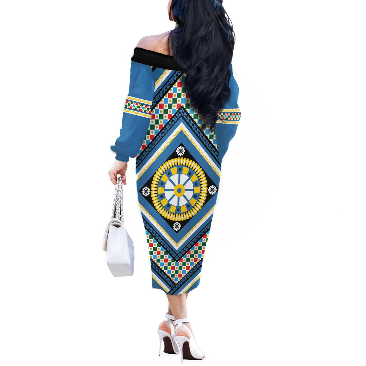 Sicily Italy Carretto Siciliano Off The Shoulder Long Sleeve Dress Azure Sicilian Cart Wheel Pattern