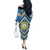 Sicily Italy Carretto Siciliano Off The Shoulder Long Sleeve Dress Azure Sicilian Cart Wheel Pattern