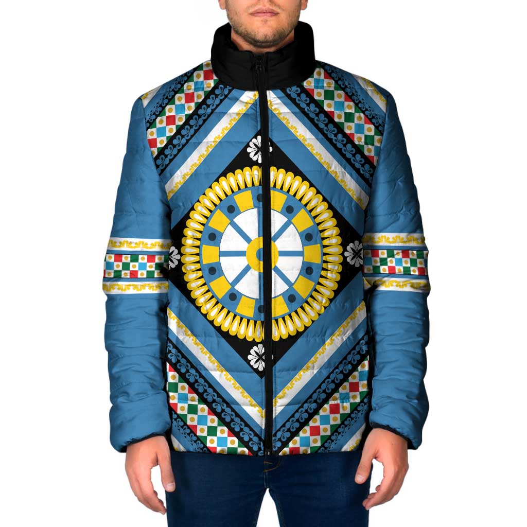 Sicily Italy Carretto Siciliano Padded Jacket Azure Sicilian Cart Wheel Pattern
