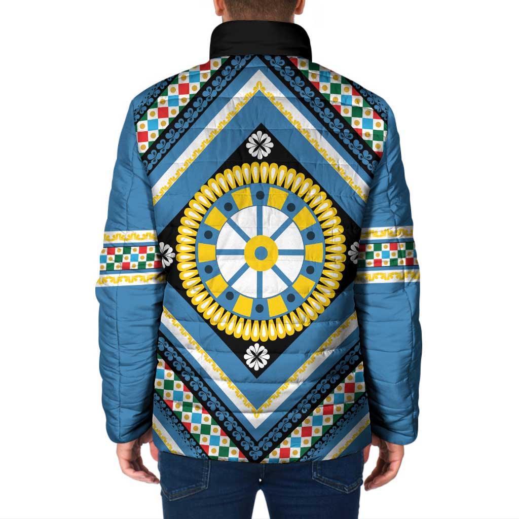 Sicily Italy Carretto Siciliano Padded Jacket Azure Sicilian Cart Wheel Pattern