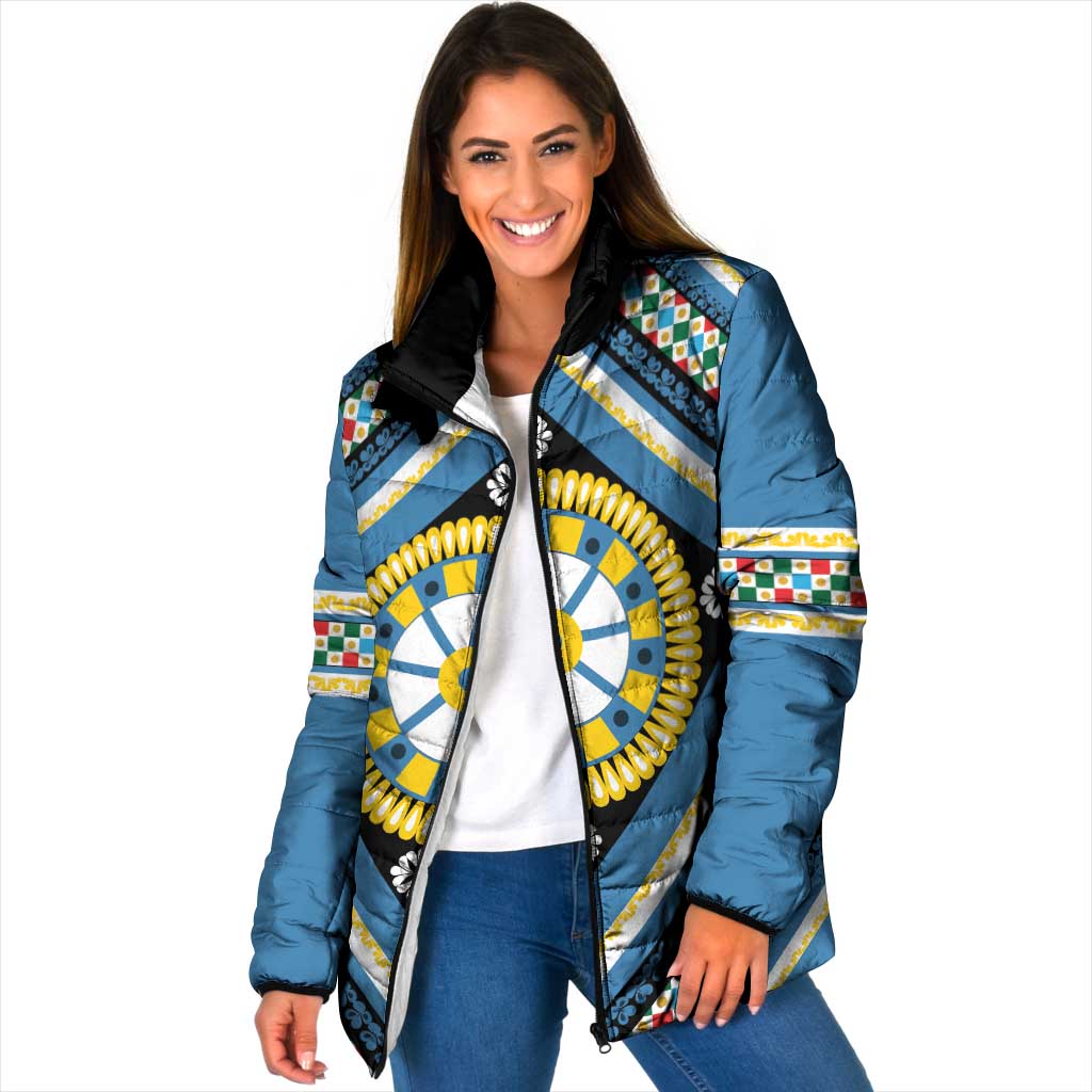 Sicily Italy Carretto Siciliano Padded Jacket Azure Sicilian Cart Wheel Pattern