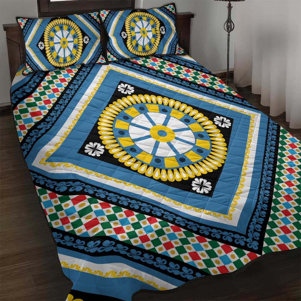 Sicily Italy Carretto Siciliano Quilt Bed Set Azure Sicilian Cart Wheel Pattern