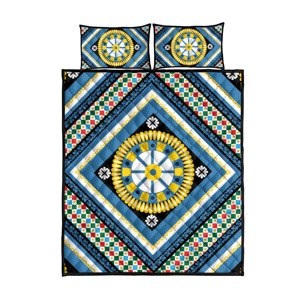 Sicily Italy Carretto Siciliano Quilt Bed Set Azure Sicilian Cart Wheel Pattern