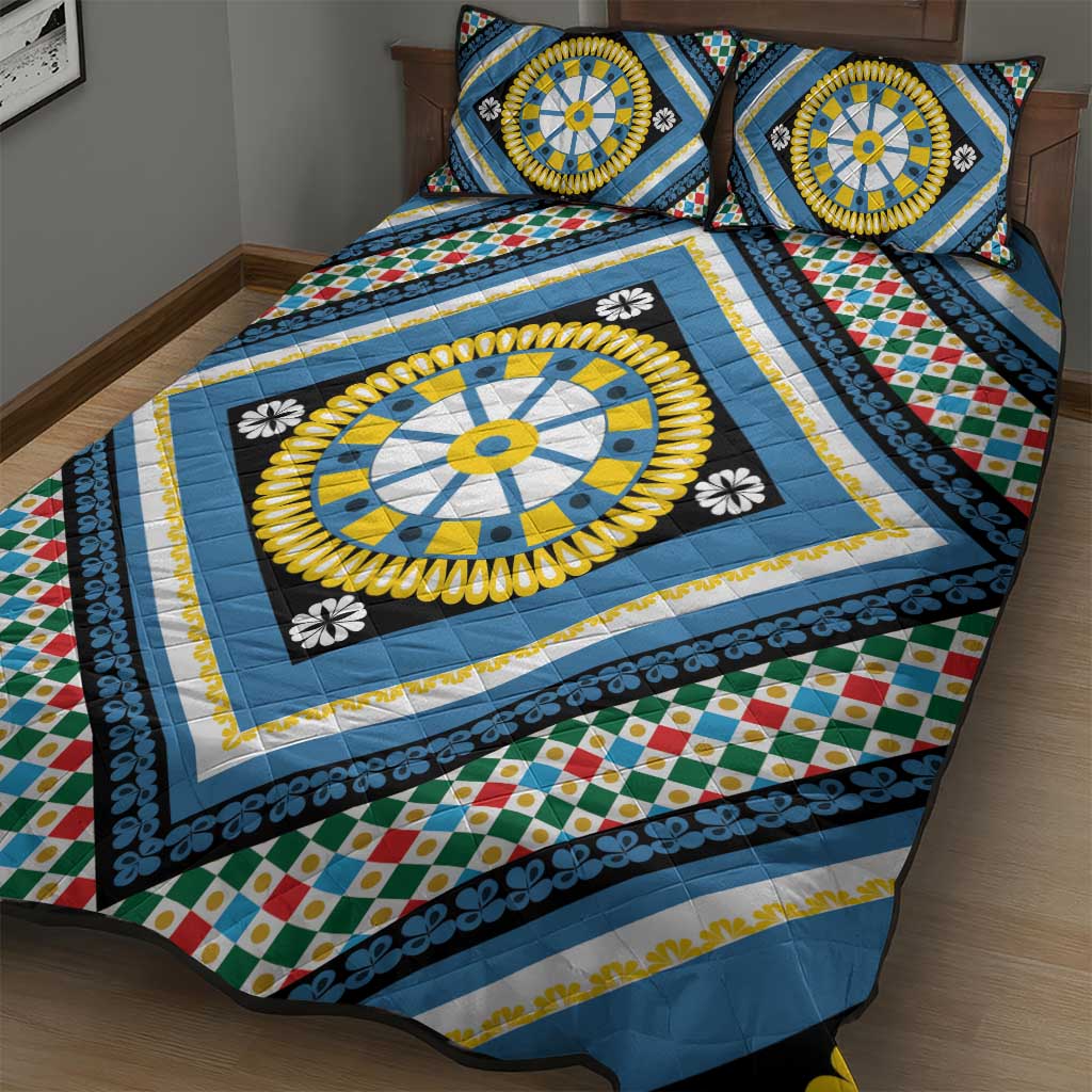 Sicily Italy Carretto Siciliano Quilt Bed Set Azure Sicilian Cart Wheel Pattern