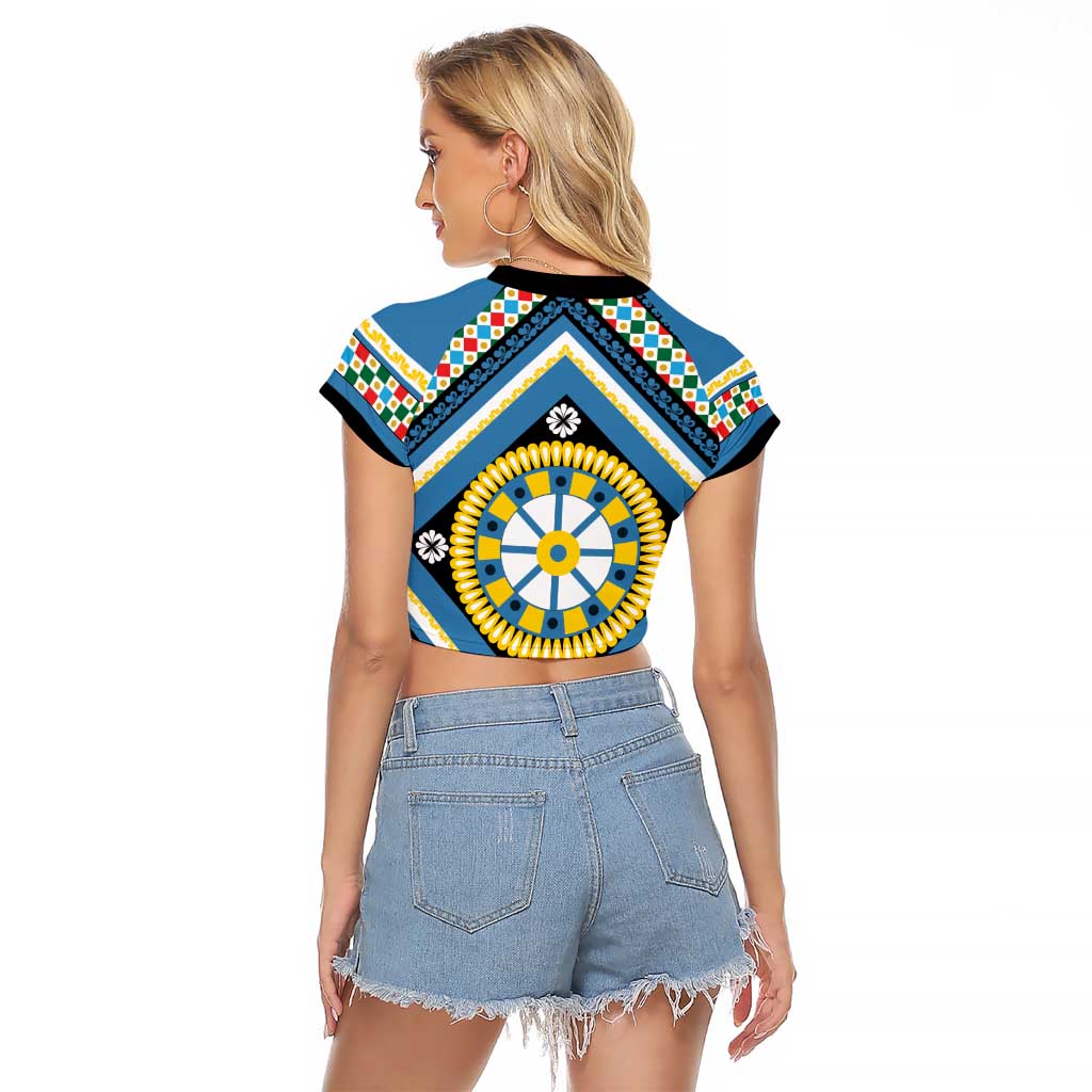 Sicily Italy Carretto Siciliano Raglan Cropped T Shirt Azure Sicilian Cart Wheel Pattern