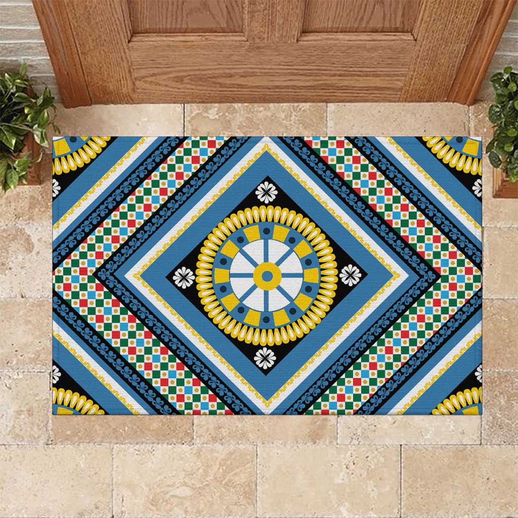 Sicily Italy Carretto Siciliano Rubber Doormat Azure Sicilian Cart Wheel Pattern