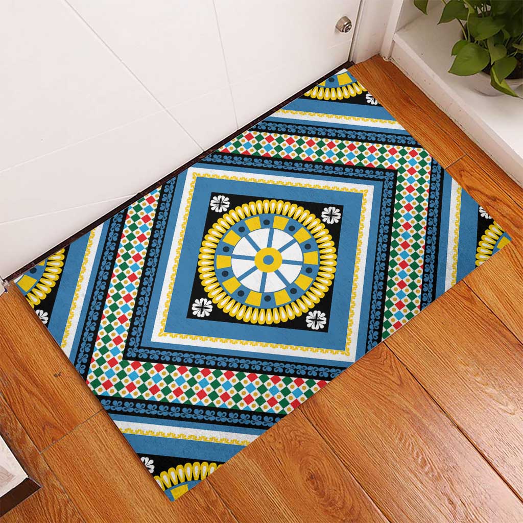 Sicily Italy Carretto Siciliano Rubber Doormat Azure Sicilian Cart Wheel Pattern