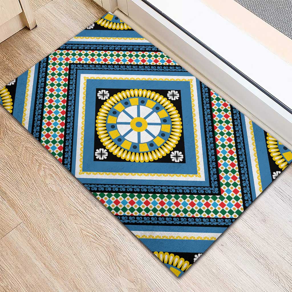 Sicily Italy Carretto Siciliano Rubber Doormat Azure Sicilian Cart Wheel Pattern