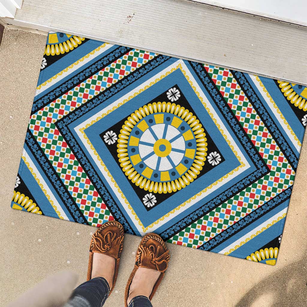 Sicily Italy Carretto Siciliano Rubber Doormat Azure Sicilian Cart Wheel Pattern