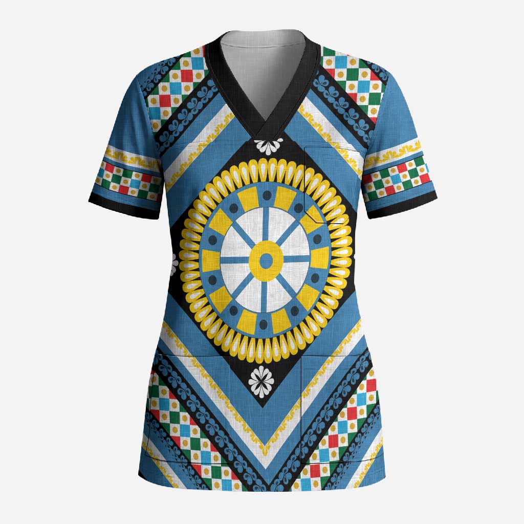 Sicily Italy Carretto Siciliano Scrub Top Azure Sicilian Cart Wheel Pattern