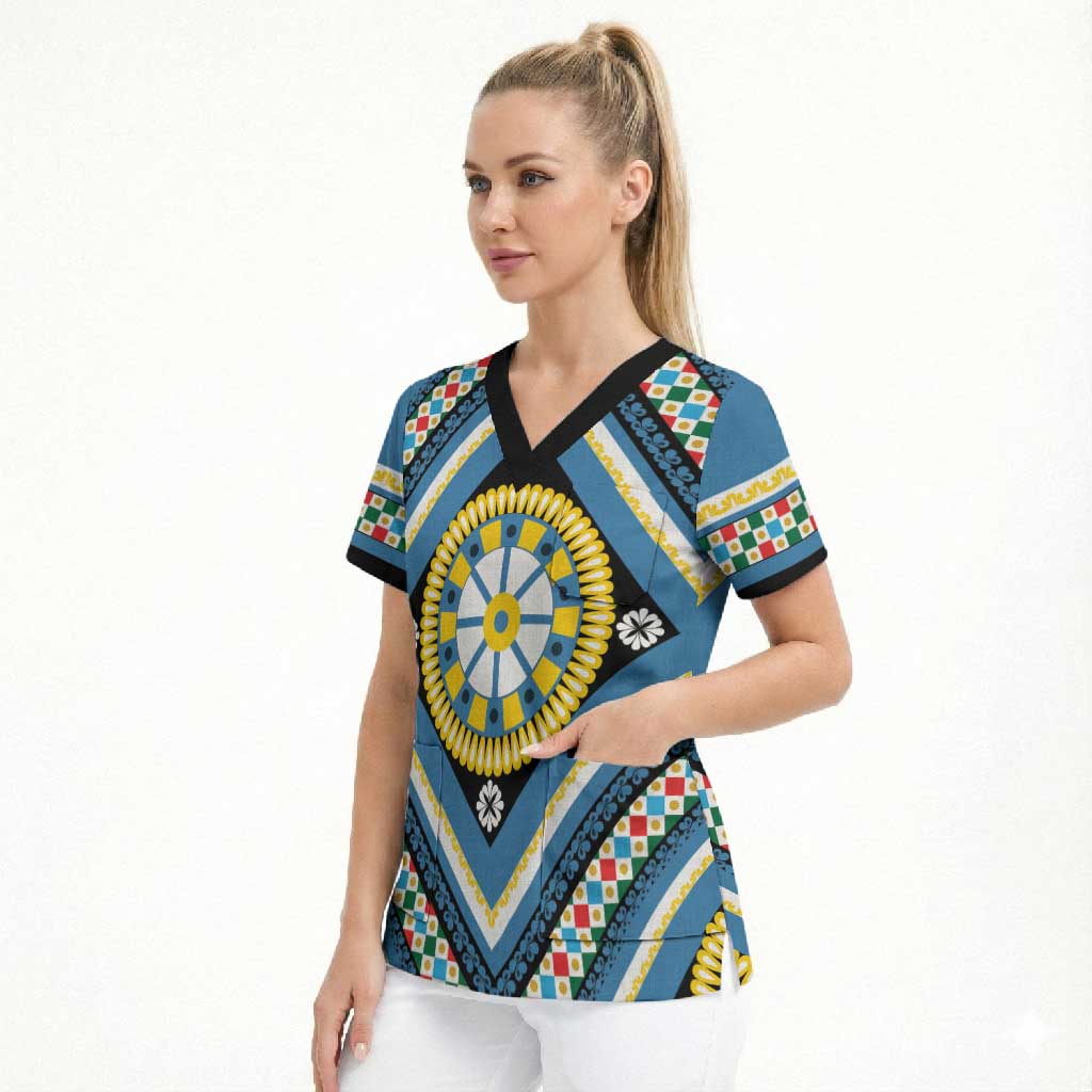 Sicily Italy Carretto Siciliano Scrub Top Azure Sicilian Cart Wheel Pattern