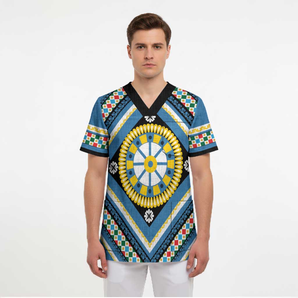 Sicily Italy Carretto Siciliano Scrub Top Azure Sicilian Cart Wheel Pattern