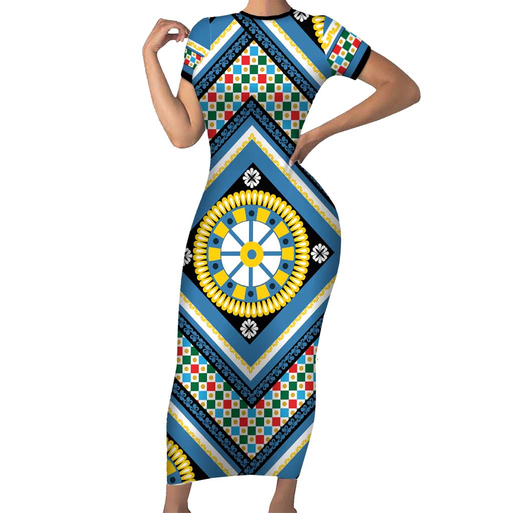 Sicily Italy Carretto Siciliano Short Sleeve Bodycon Dress Azure Sicilian Cart Wheel Pattern
