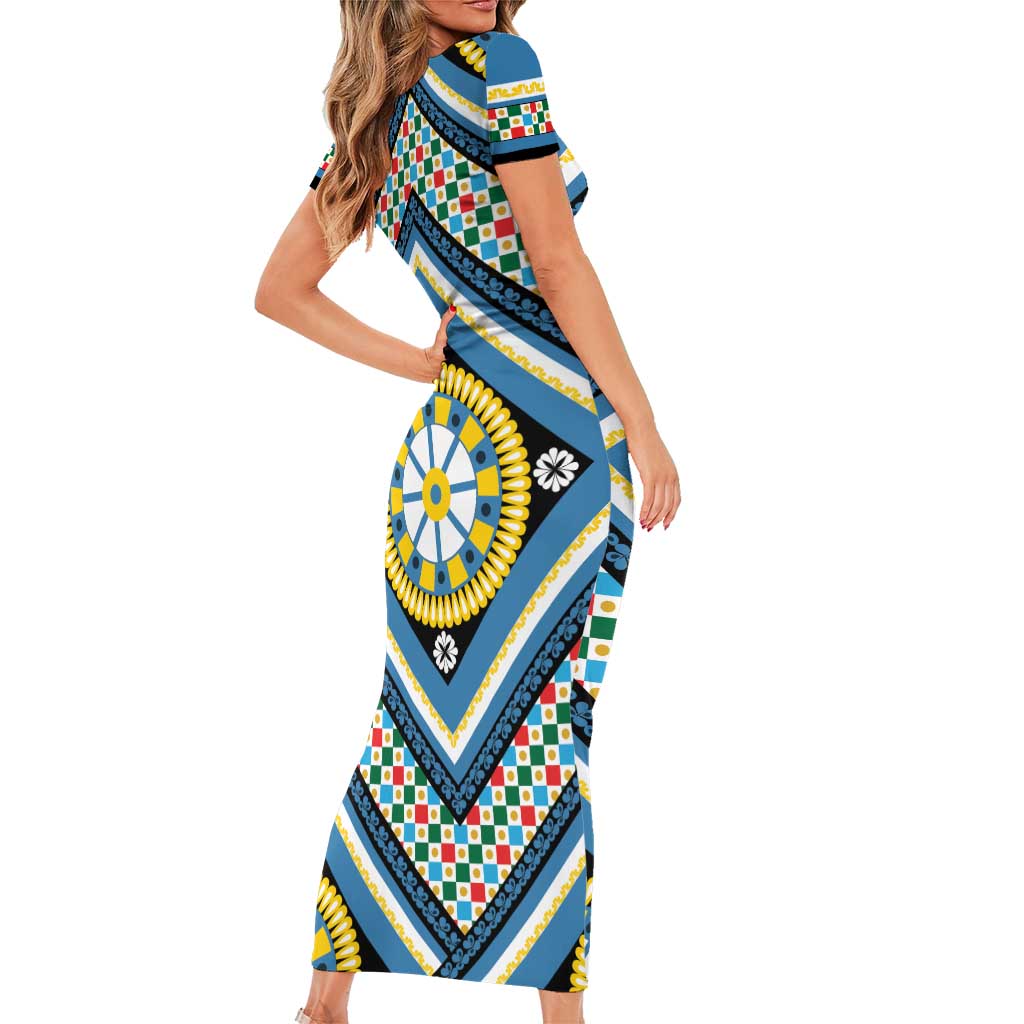Sicily Italy Carretto Siciliano Short Sleeve Bodycon Dress Azure Sicilian Cart Wheel Pattern