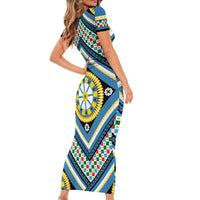 Sicily Italy Carretto Siciliano Short Sleeve Bodycon Dress Azure Sicilian Cart Wheel Pattern