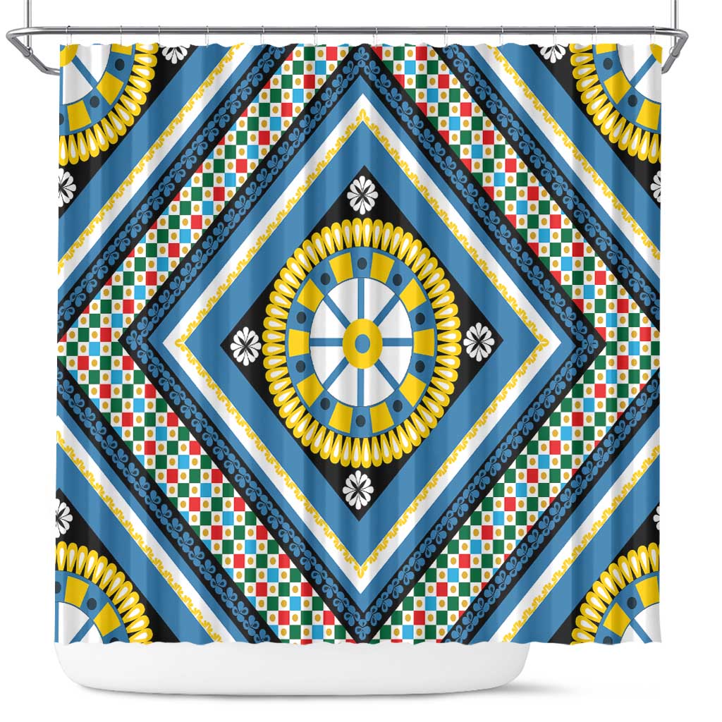Sicily Italy Carretto Siciliano Shower Curtain Azure Sicilian Cart Wheel Pattern