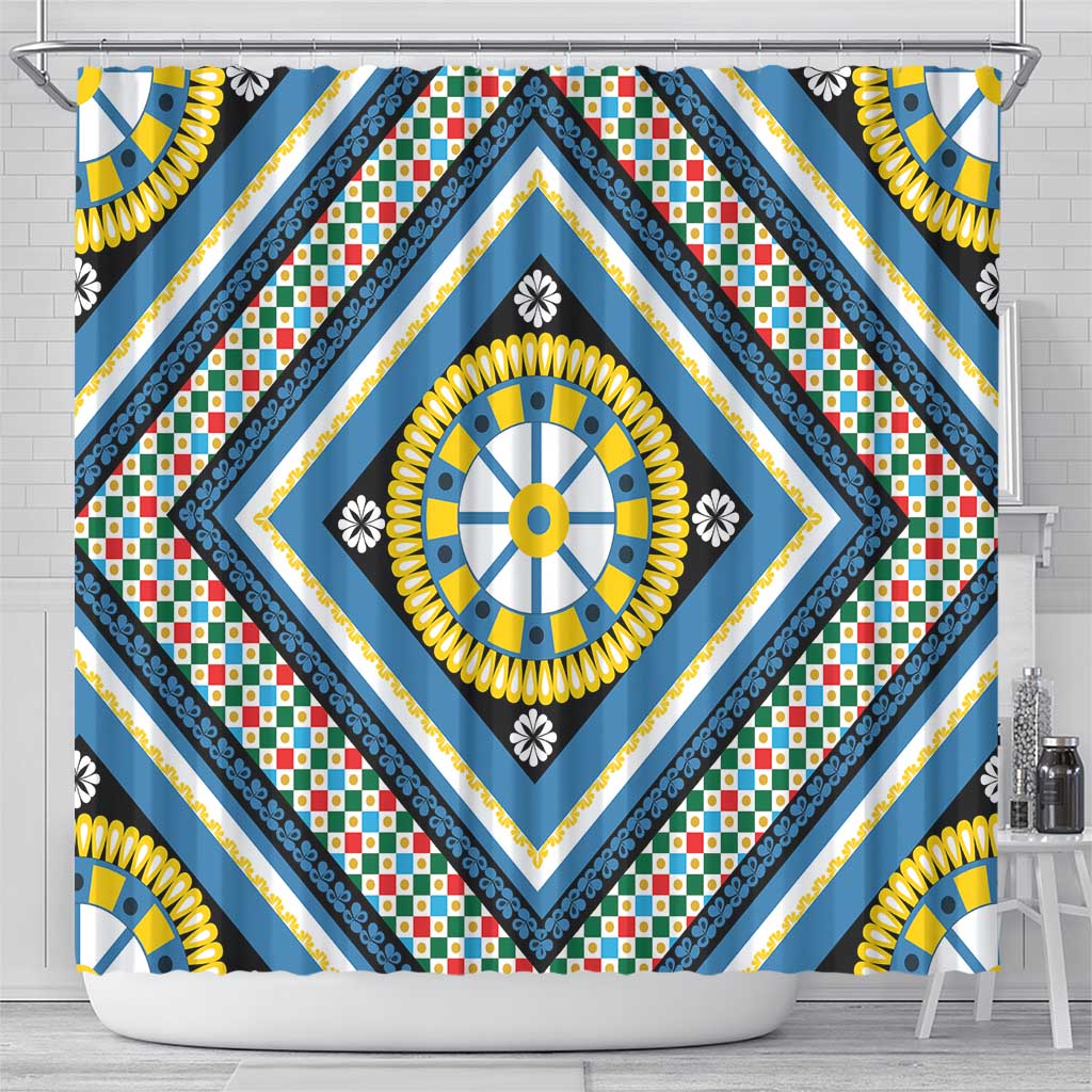 Sicily Italy Carretto Siciliano Shower Curtain Azure Sicilian Cart Wheel Pattern
