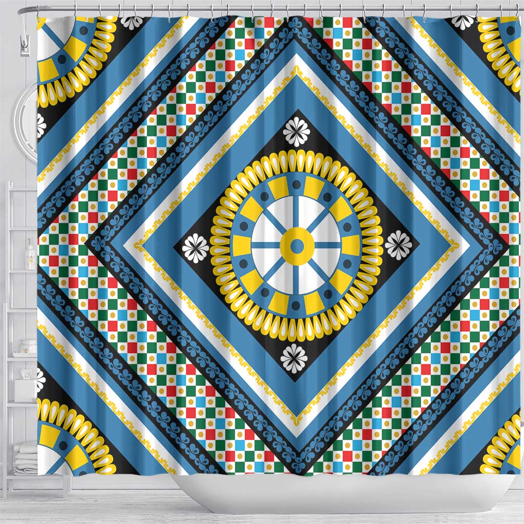 Sicily Italy Carretto Siciliano Shower Curtain Azure Sicilian Cart Wheel Pattern