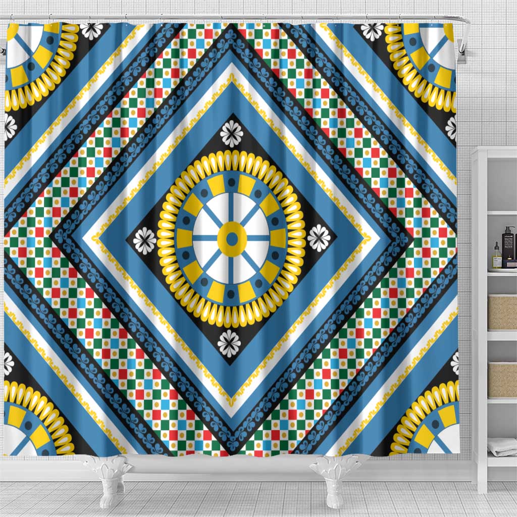 Sicily Italy Carretto Siciliano Shower Curtain Azure Sicilian Cart Wheel Pattern