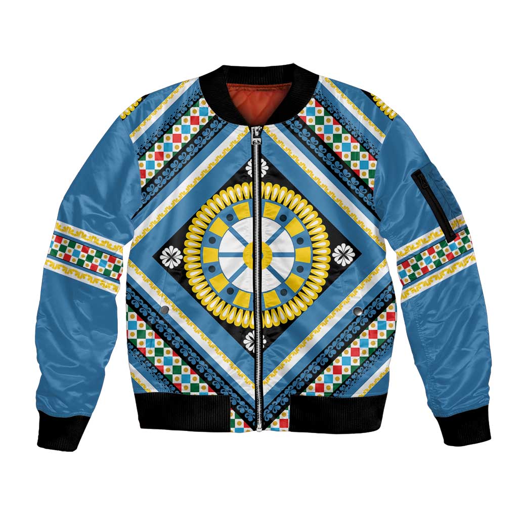 Sicily Italy Carretto Siciliano Sleeve Zip Bomber Jacket Azure Sicilian Cart Wheel Pattern