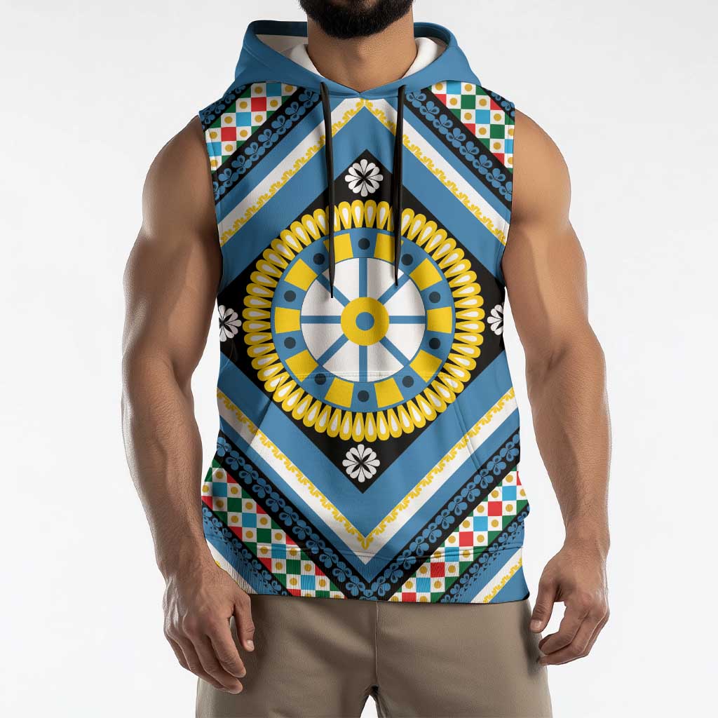 Sicily Italy Carretto Siciliano Sleeveless Hoodie Azure Sicilian Cart Wheel Pattern