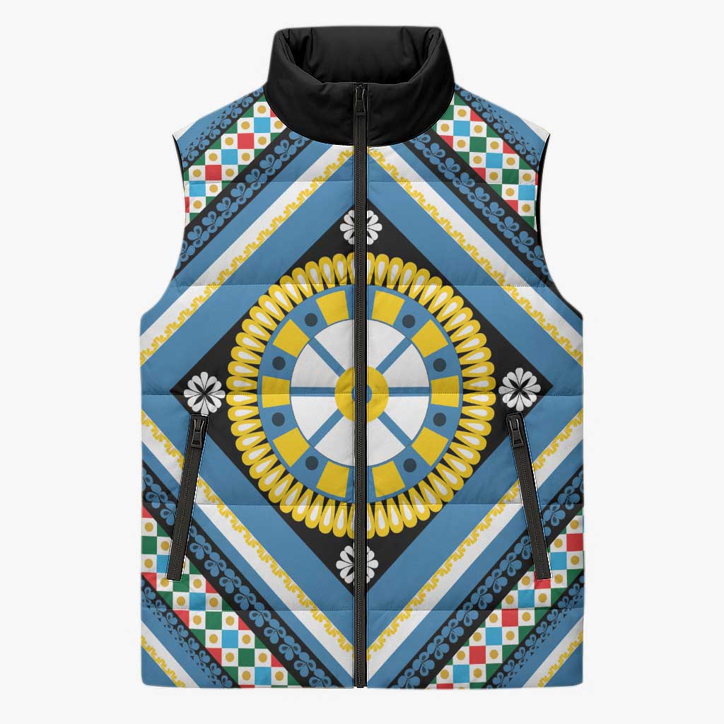 Sicily Italy Carretto Siciliano Sleeveless Puffer Jacket Azure Sicilian Cart Wheel Pattern