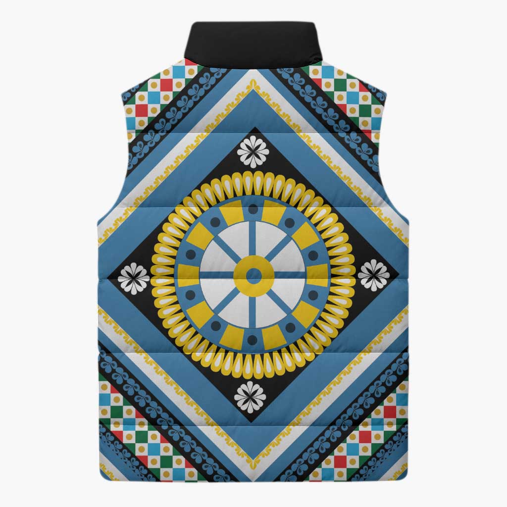 Sicily Italy Carretto Siciliano Sleeveless Puffer Jacket Azure Sicilian Cart Wheel Pattern