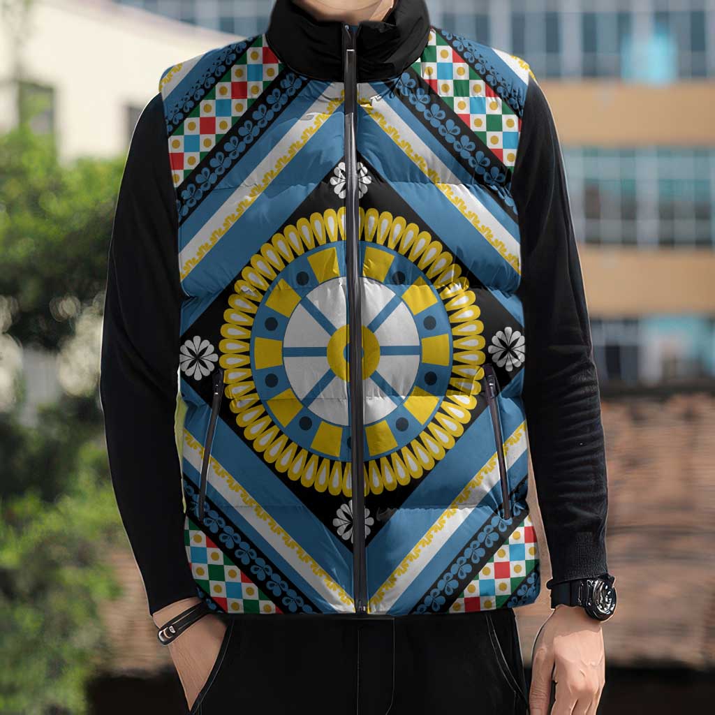 Sicily Italy Carretto Siciliano Sleeveless Puffer Jacket Azure Sicilian Cart Wheel Pattern