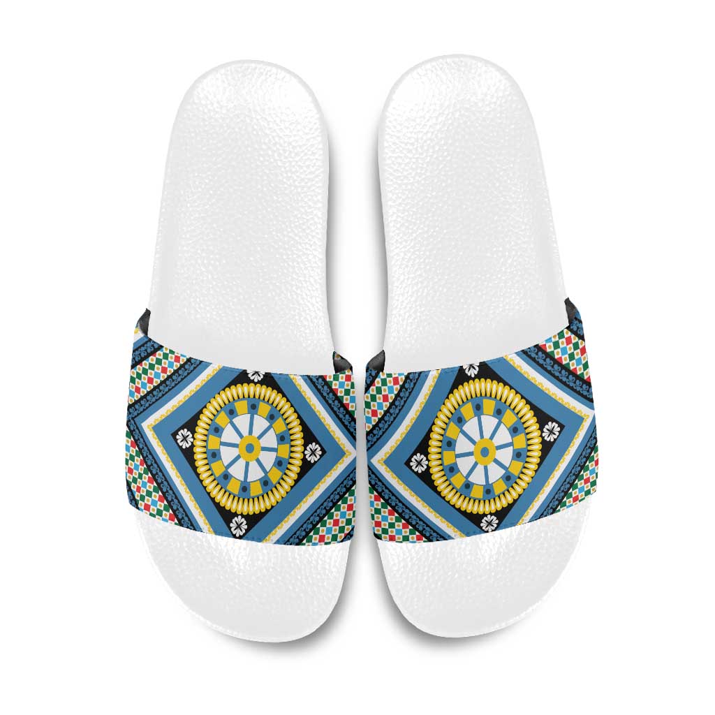 Sicily Italy Carretto Siciliano Slide Sandals Azure Sicilian Cart Wheel Pattern