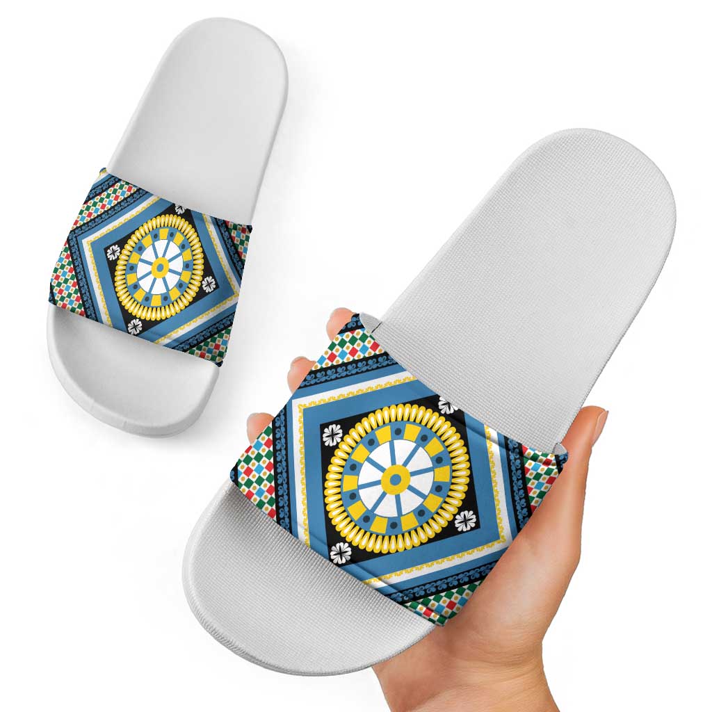 Sicily Italy Carretto Siciliano Slide Sandals Azure Sicilian Cart Wheel Pattern