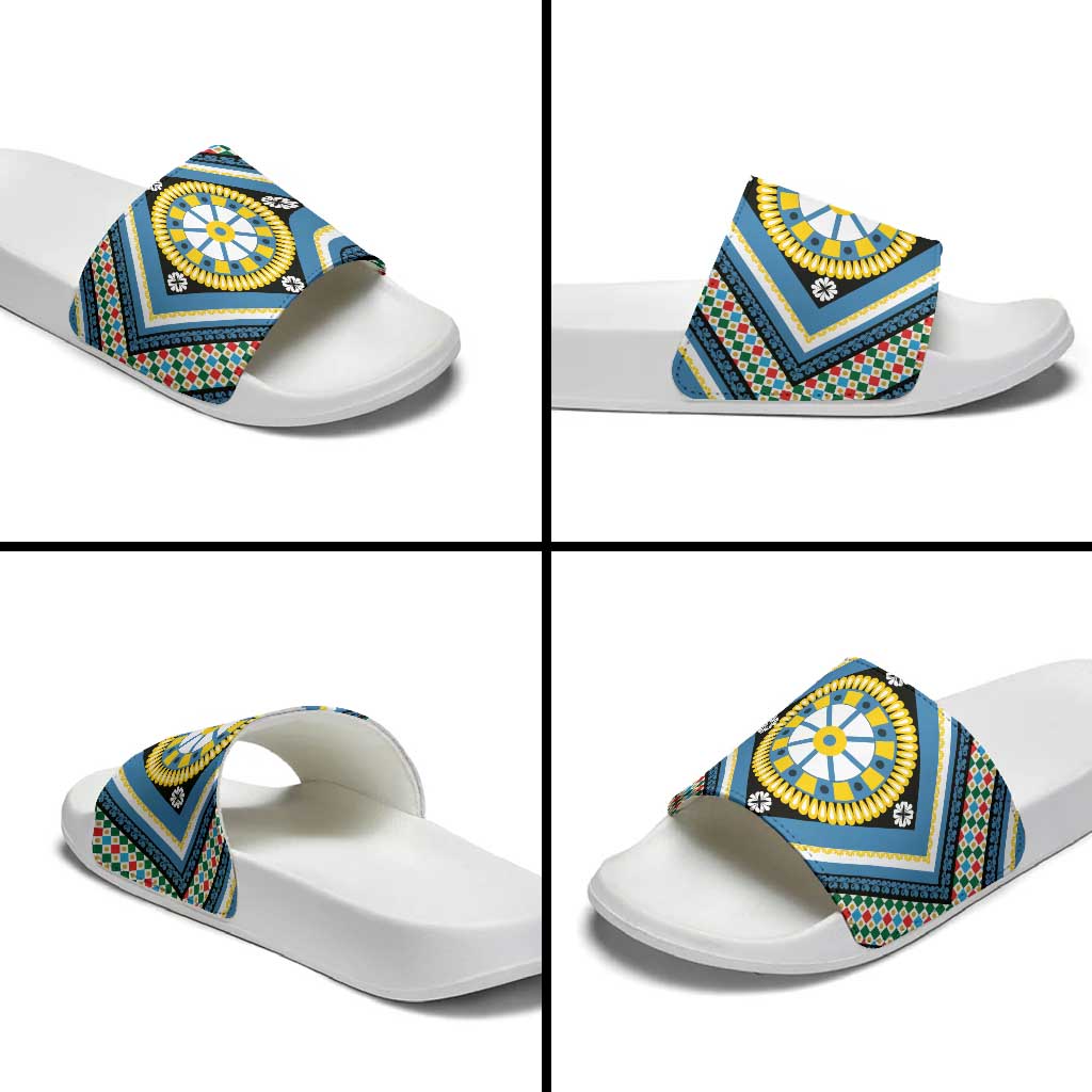 Sicily Italy Carretto Siciliano Slide Sandals Azure Sicilian Cart Wheel Pattern