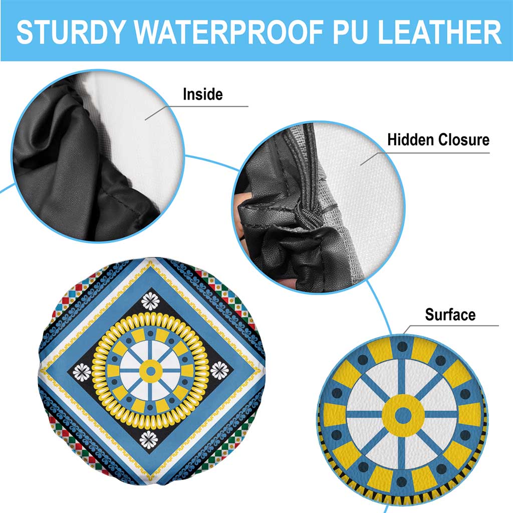 Sicily Italy Carretto Siciliano Spare Tire Cover Azure Sicilian Cart Wheel Pattern
