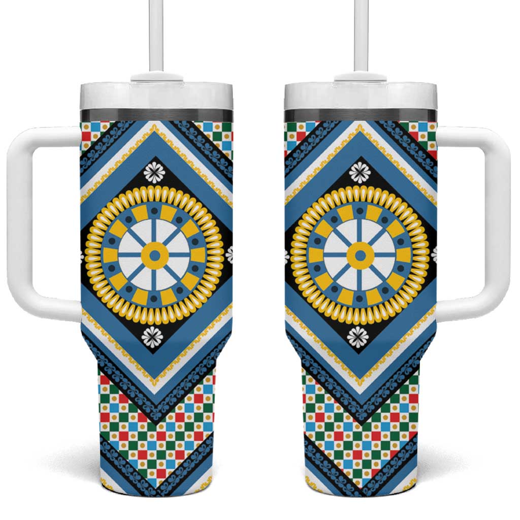Sicily Italy Carretto Siciliano Tumbler With Handle Azure Sicilian Cart Wheel Pattern