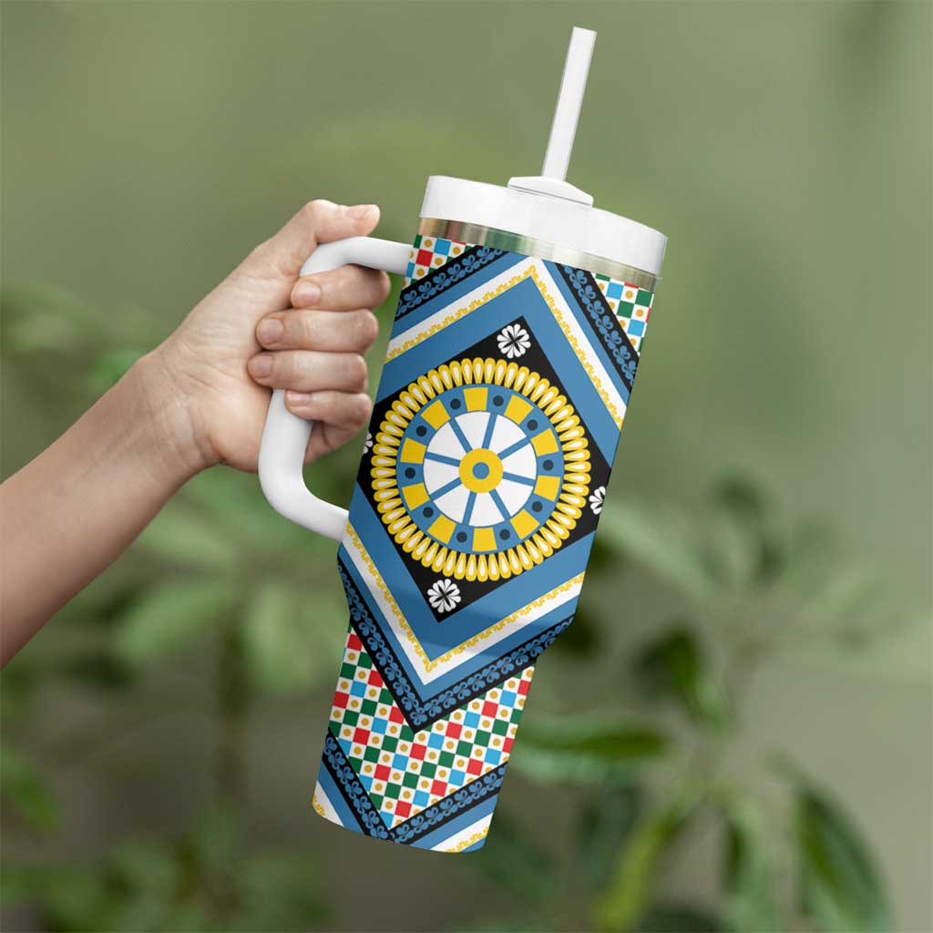 Sicily Italy Carretto Siciliano Tumbler With Handle Azure Sicilian Cart Wheel Pattern