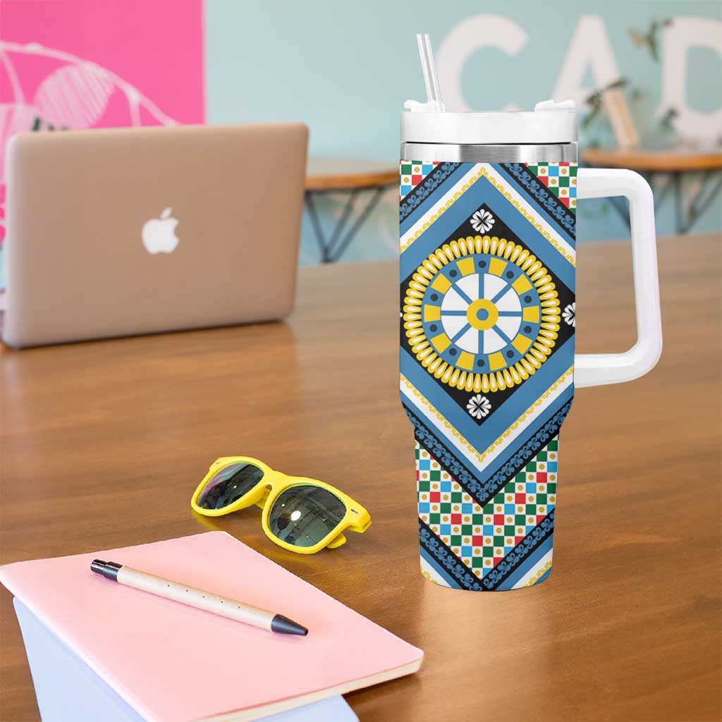 Sicily Italy Carretto Siciliano Tumbler With Handle Azure Sicilian Cart Wheel Pattern