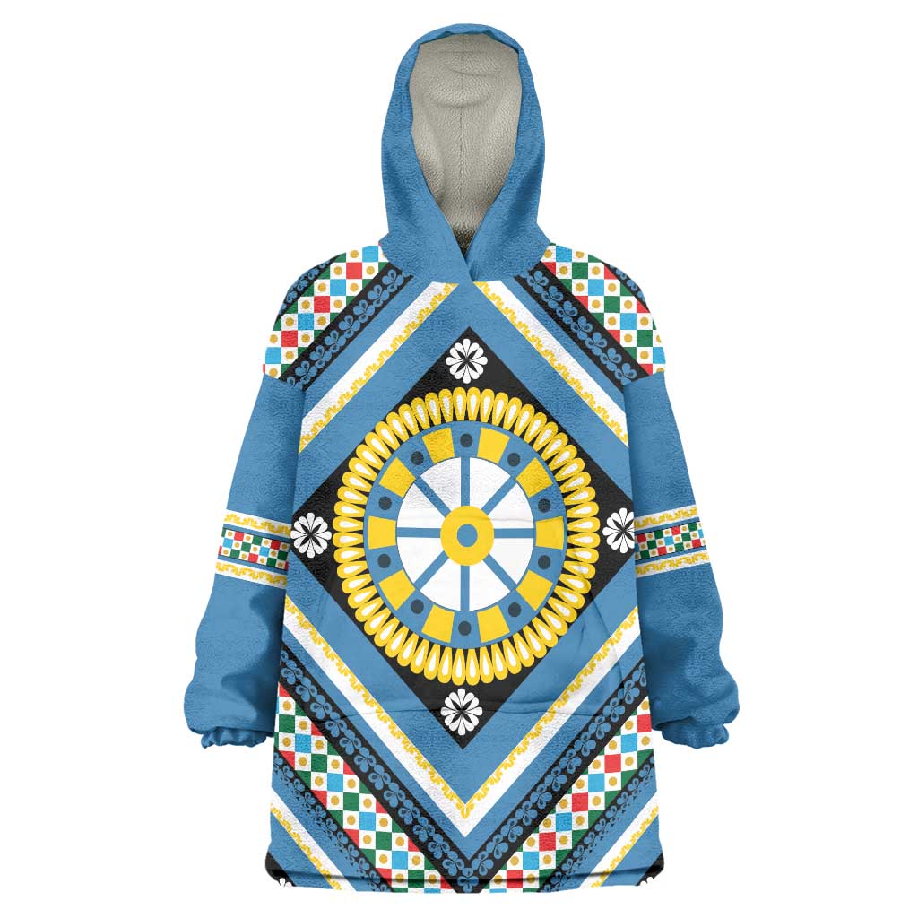 Sicily Italy Carretto Siciliano Wearable Blanket Hoodie Azure Sicilian Cart Wheel Pattern