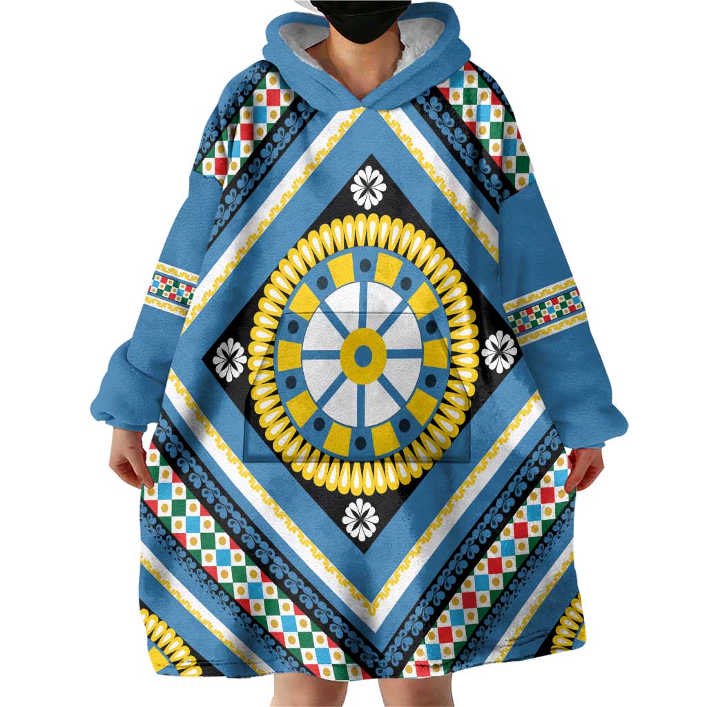 Sicily Italy Carretto Siciliano Wearable Blanket Hoodie Azure Sicilian Cart Wheel Pattern