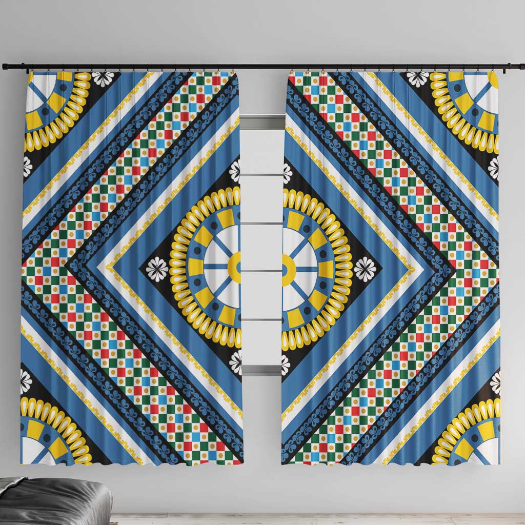 Sicily Italy Carretto Siciliano Window Curtain Azure Sicilian Cart Wheel Pattern
