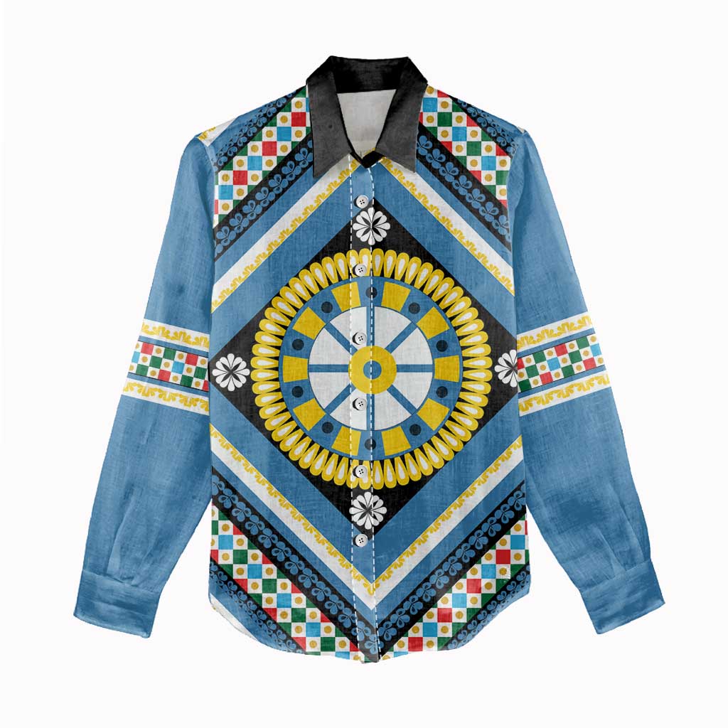 Sicily Italy Carretto Siciliano Women Casual Shirt Azure Sicilian Cart Wheel Pattern