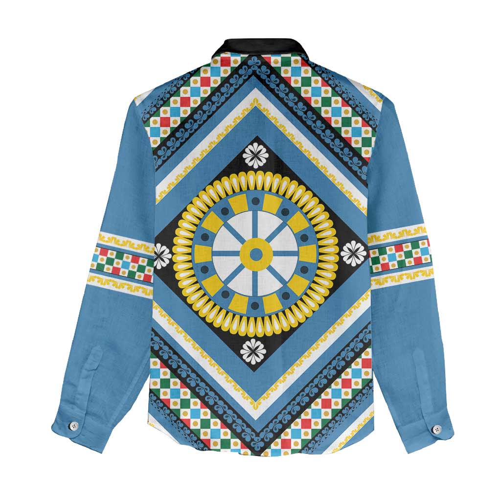 Sicily Italy Carretto Siciliano Women Casual Shirt Azure Sicilian Cart Wheel Pattern