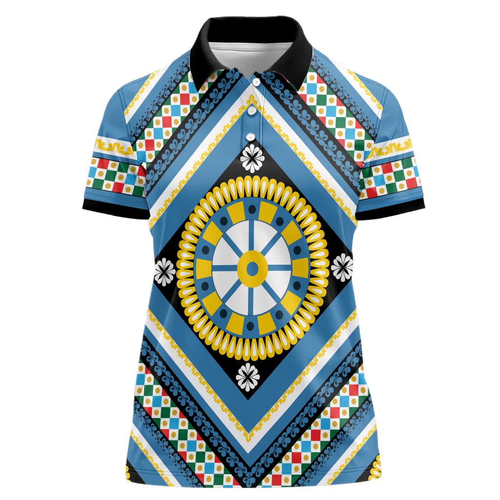 Sicily Italy Carretto Siciliano Women Polo Shirt Azure Sicilian Cart Wheel Pattern